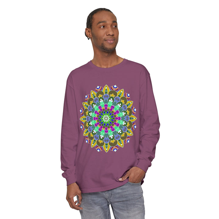 Colorful mandala long sleeve shirt with intricate and detailed spiritual art