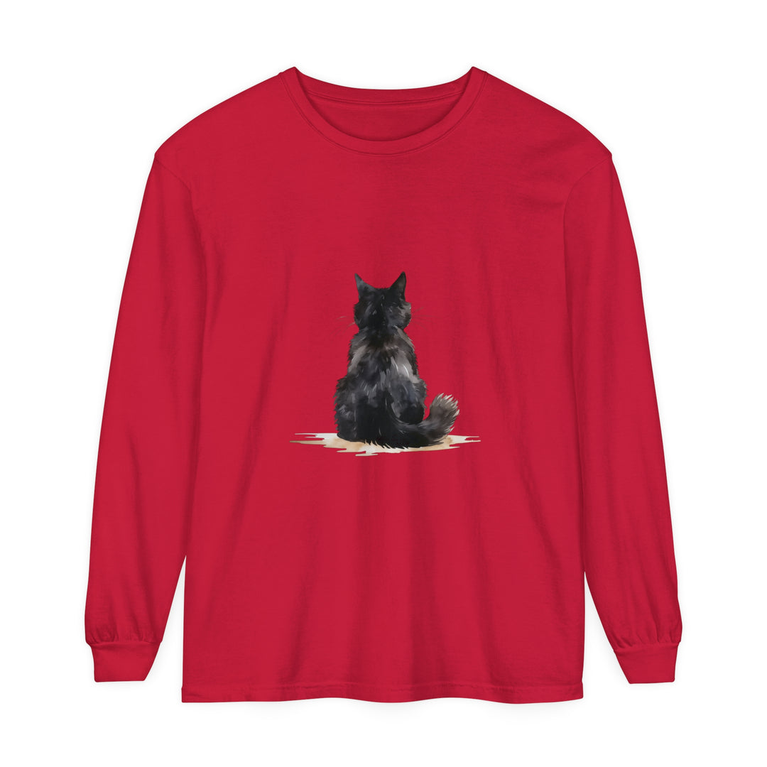 Black Cat Watercolor Unisex Long Sleeve T-Shirt - A cozy, stylish, and versatile shirt featuring a unique watercolor design of a black cat on a long sleeve, perfect for both men and women