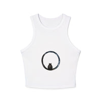  Model wearing the Cosmic Enigma Racerback Tank Top, showcasing its flattering fit and design