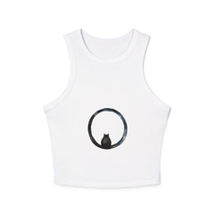  Model wearing the Cosmic Enigma Racerback Tank Top, showcasing its flattering fit and design