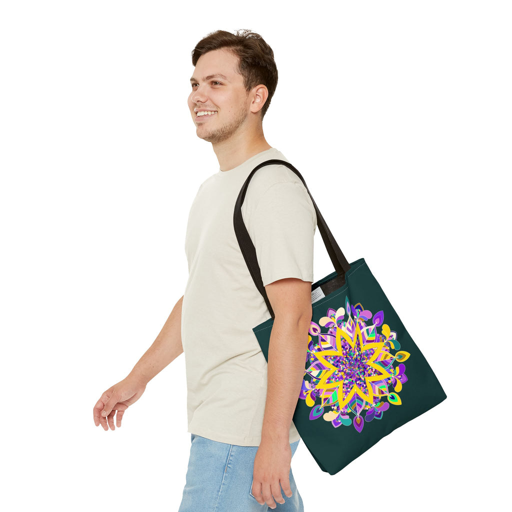 Dark green Zen girl mandala tote bag with colorful intricate design by Blululi