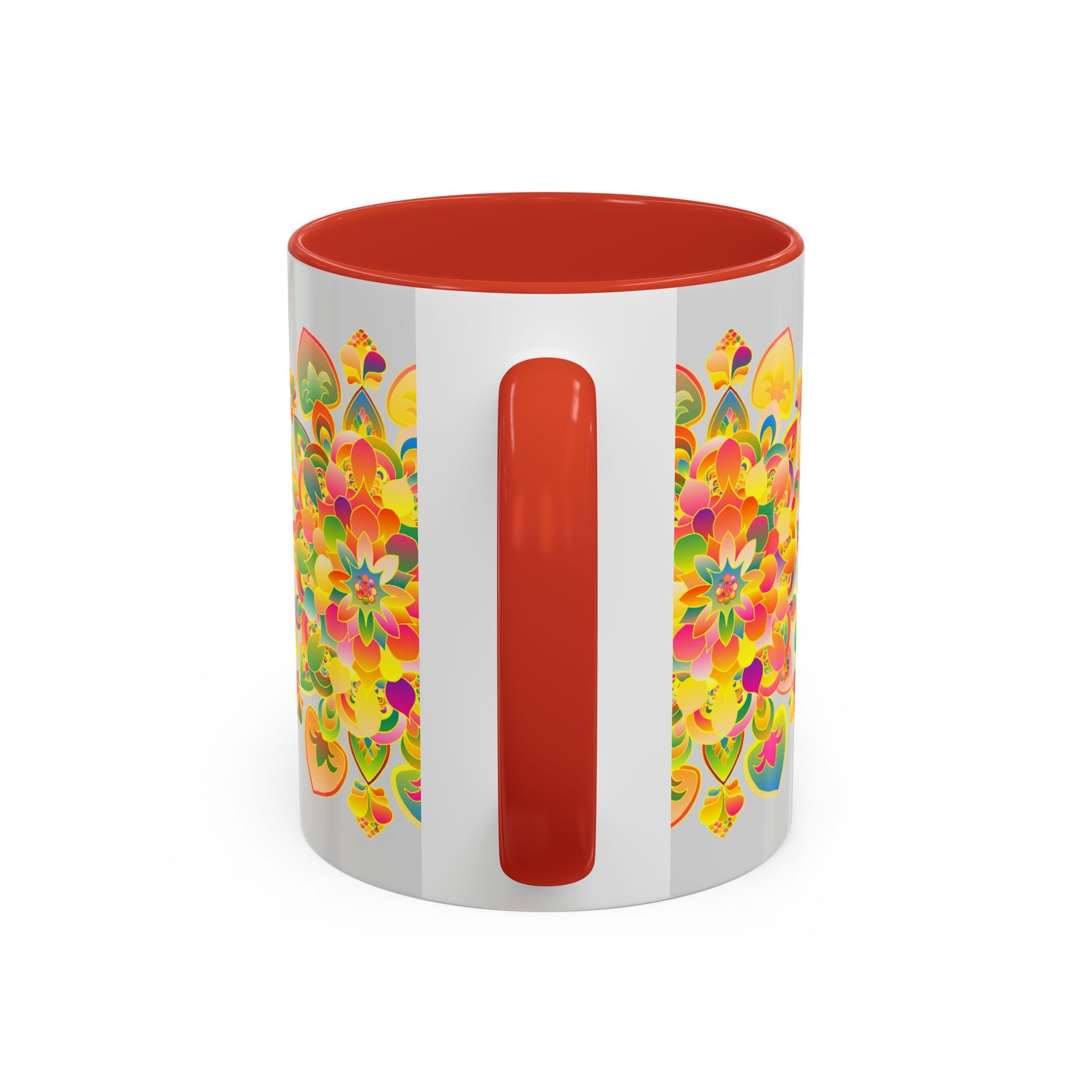 Colorful ceramic mug featuring a stunning mandala art design with flowers