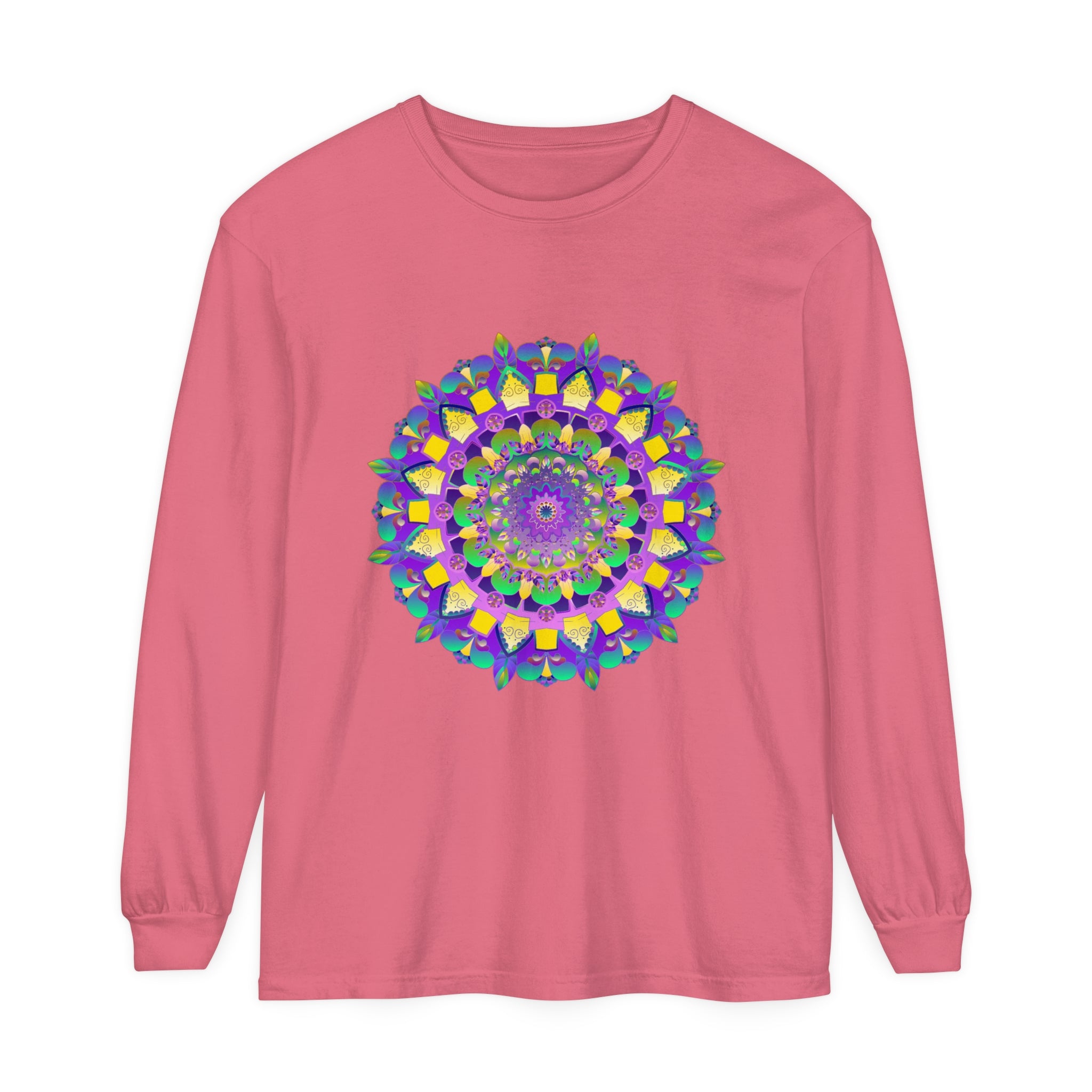 Vibrant Mandala Unisex Long Sleeve T-Shirt featuring intricate and colorful mandala design on comfortable, versatile long sleeve shirt for all genders