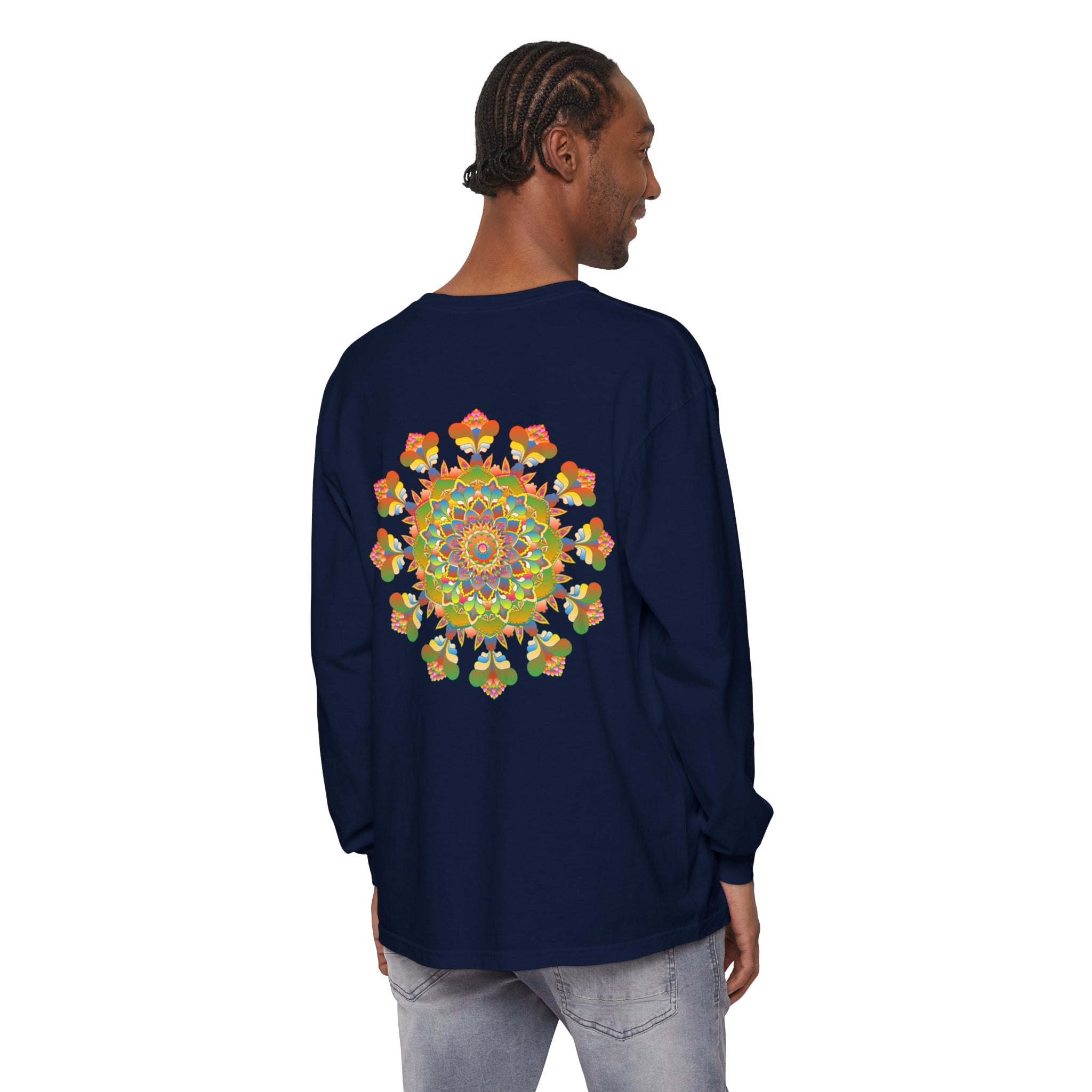 Vibrant Mandala Long Sleeve T-Shirt featuring colorful and intricate artistic design