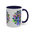 Beautiful colorful mandala mug featuring intricate floral art on a grey background