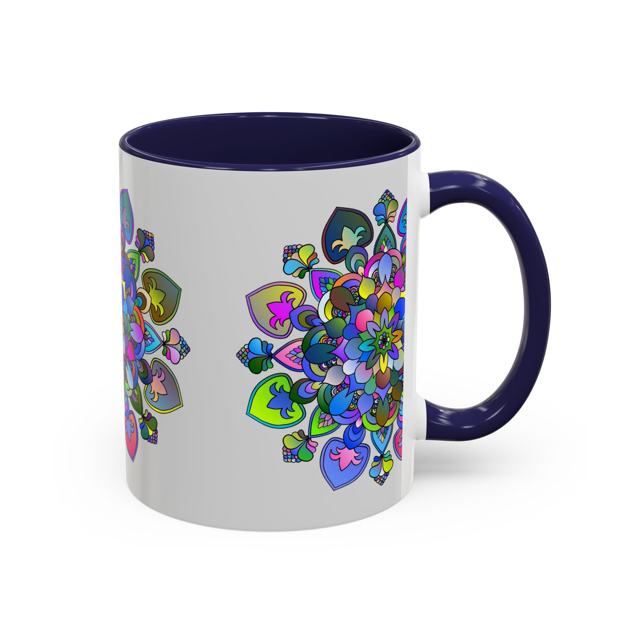 Beautiful colorful mandala mug featuring intricate floral art on a grey background