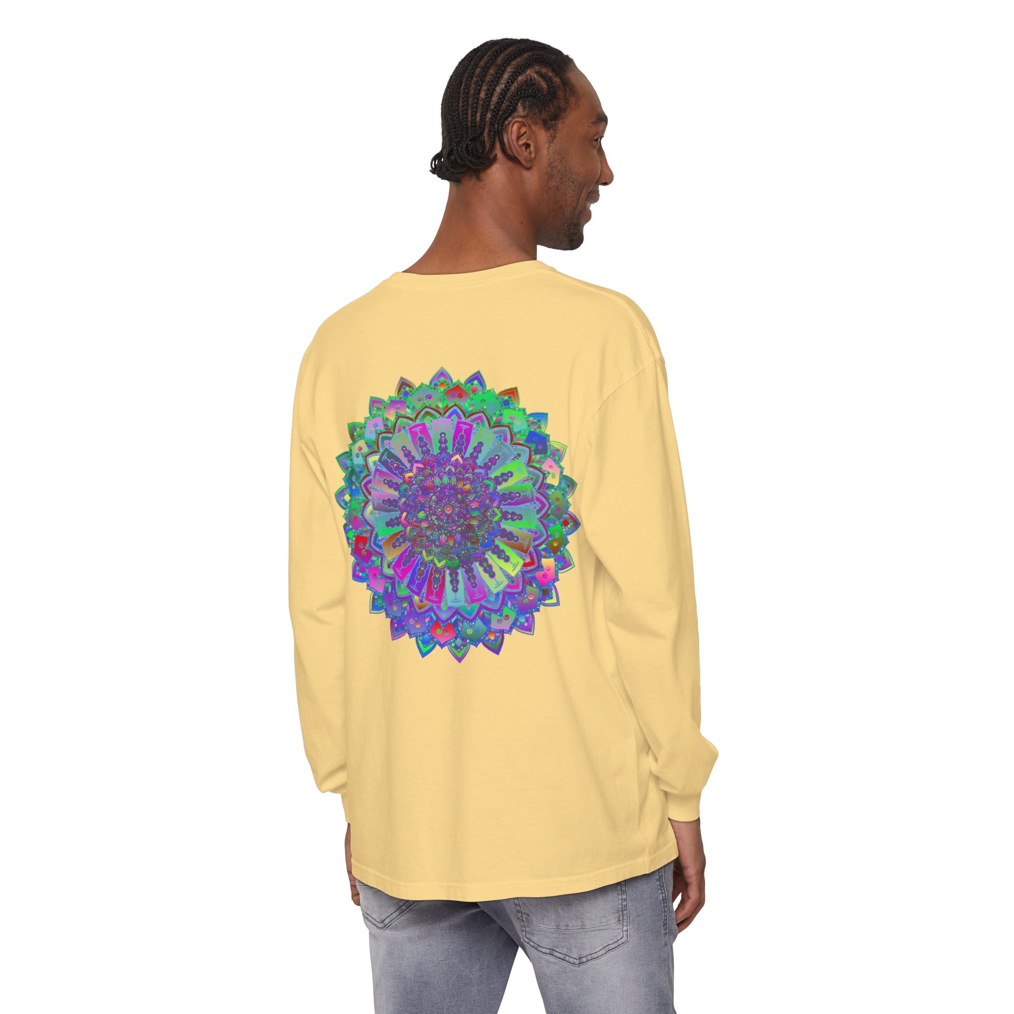 Colorful and intricate mandala design on a long sleeve t-shirt