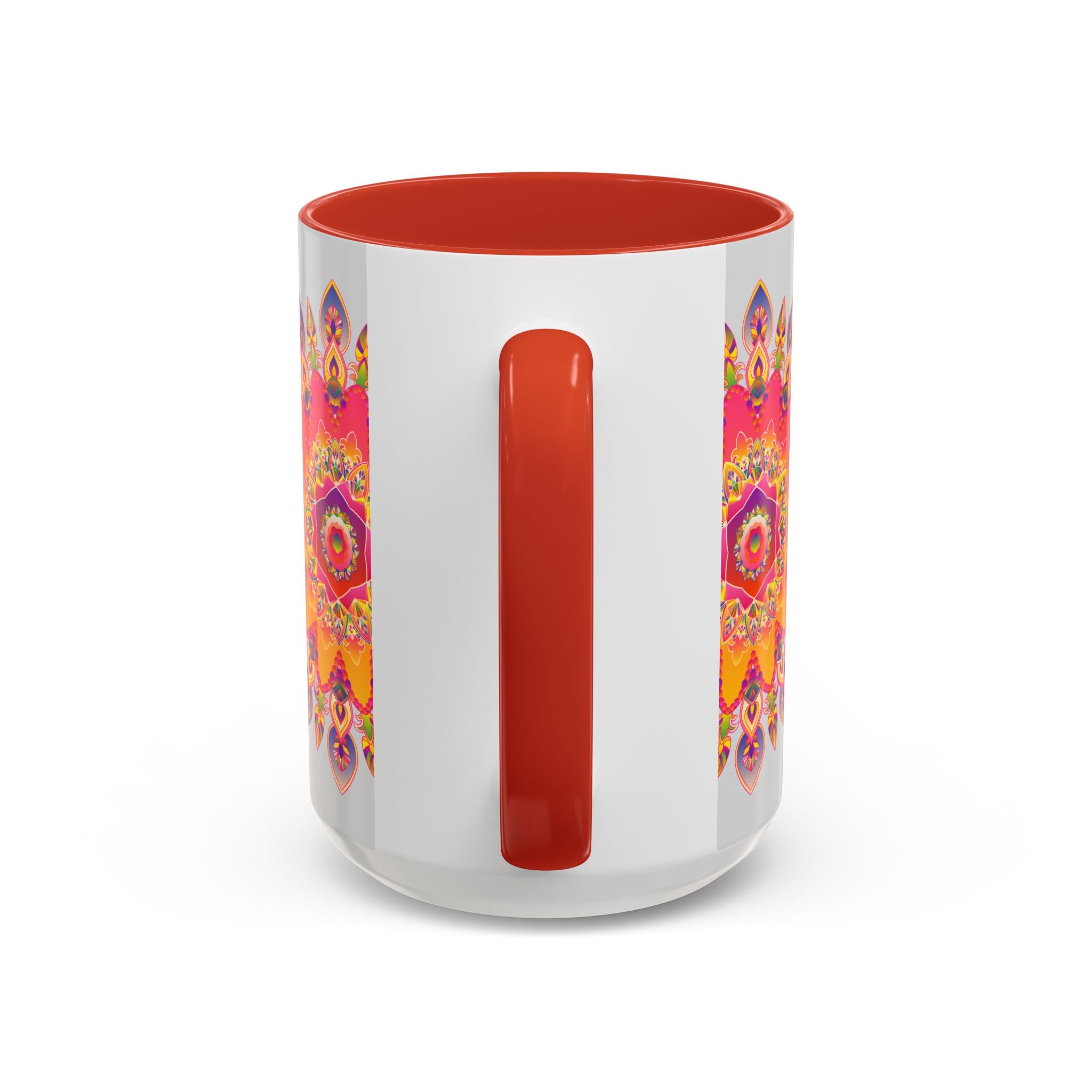 Mandala art mug featuring vibrant colors and intricate designs on a grey background, perfect for enjoying your favorite hot beverages in style