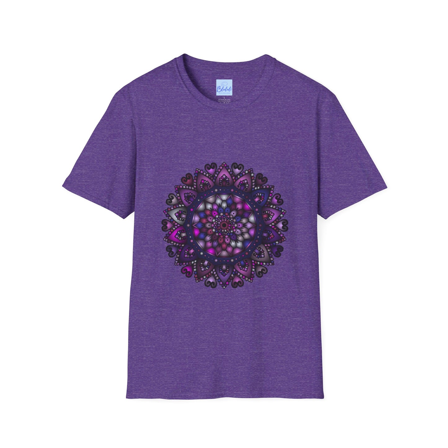 Softstyle unisex t-shirt featuring a hand-drawn purple mandala design