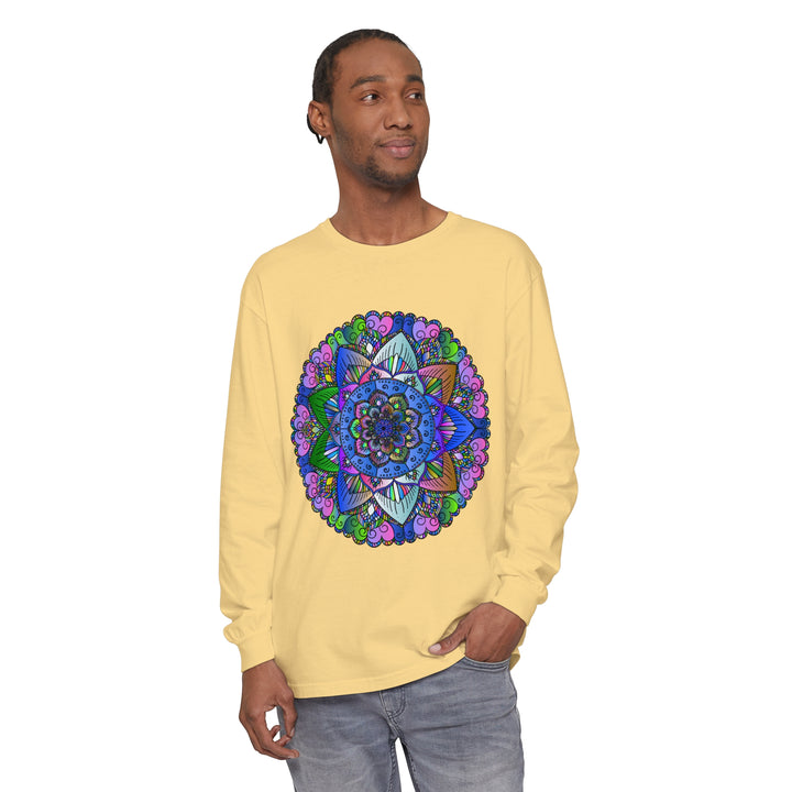 Colorful and intricate mandala design long sleeve t-shirt for both men and women, vibrant and eye-catching