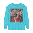 Adorable ginger cat sitting in front of a vibrant palm tree on a t-shirt