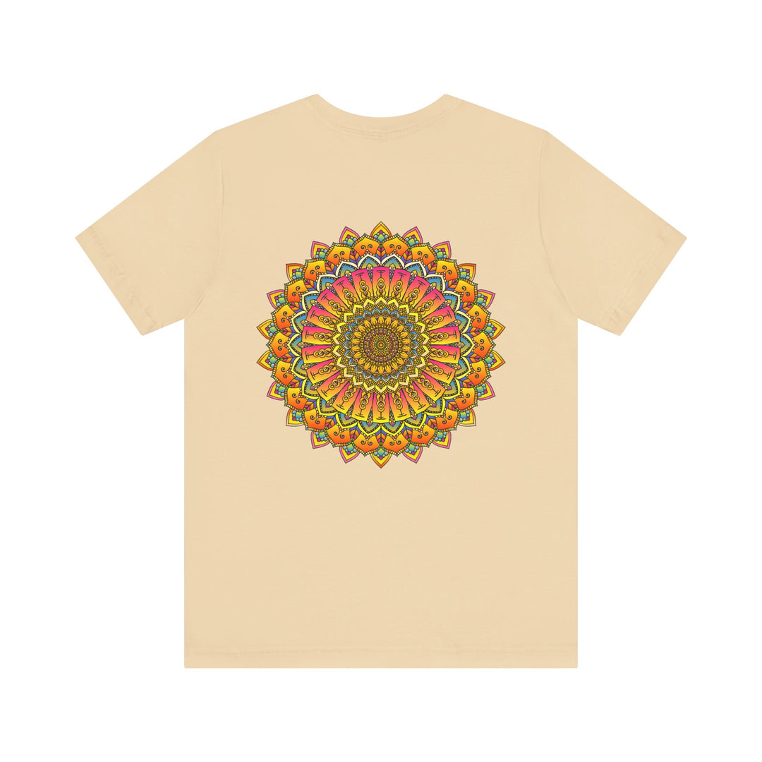 A close-up image of a vibrant mandala tee with intricate spiritual patterns, symbolizing peace and harmony