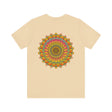A close-up image of a vibrant mandala tee with intricate spiritual patterns, symbolizing peace and harmony
