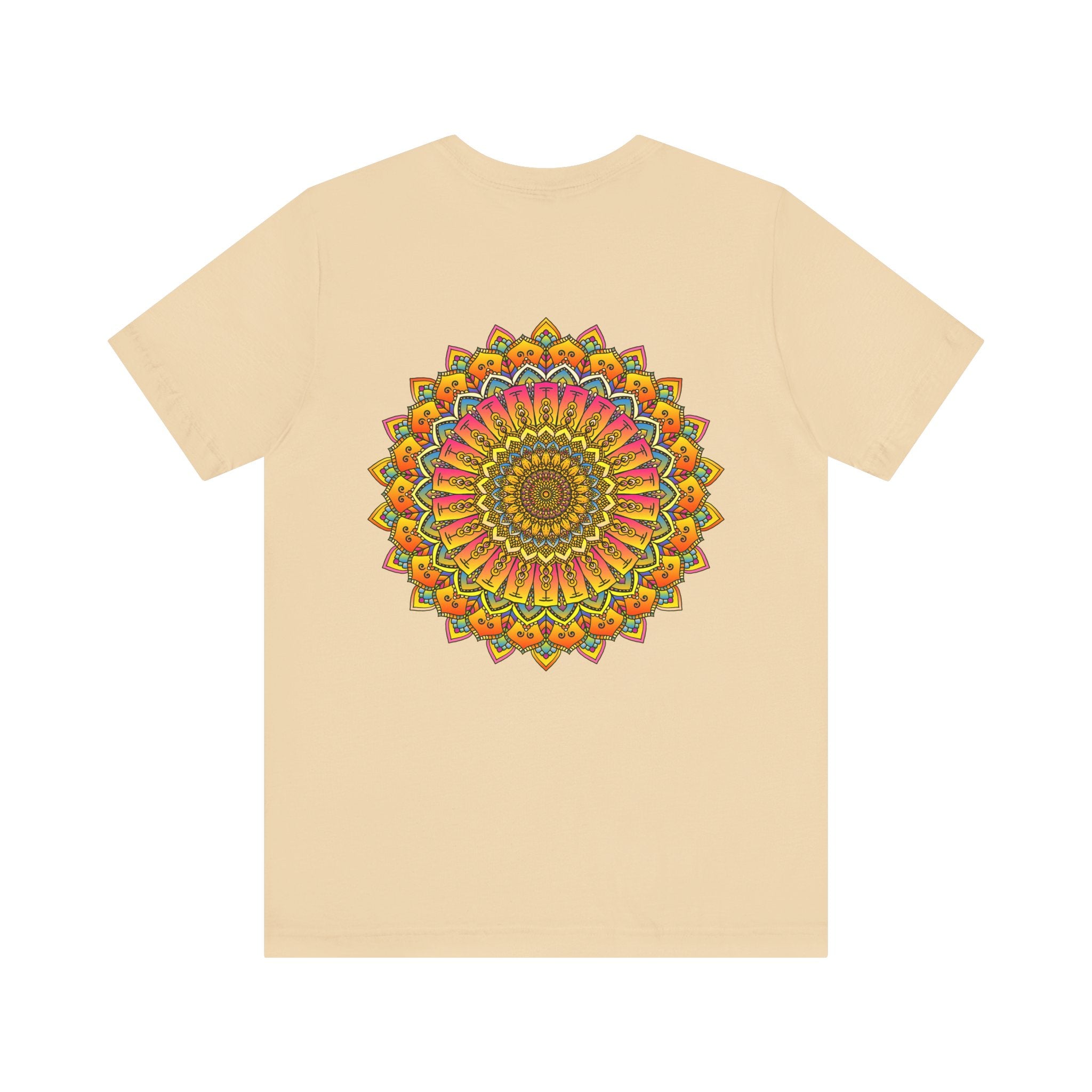 A close-up image of a vibrant mandala tee with intricate spiritual patterns, symbolizing peace and harmony