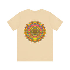 A close-up image of a vibrant mandala tee with intricate spiritual patterns, symbolizing peace and harmony