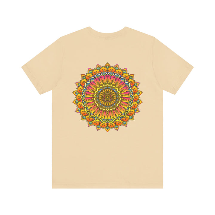 A close-up image of a vibrant mandala tee with intricate spiritual patterns, symbolizing peace and harmony