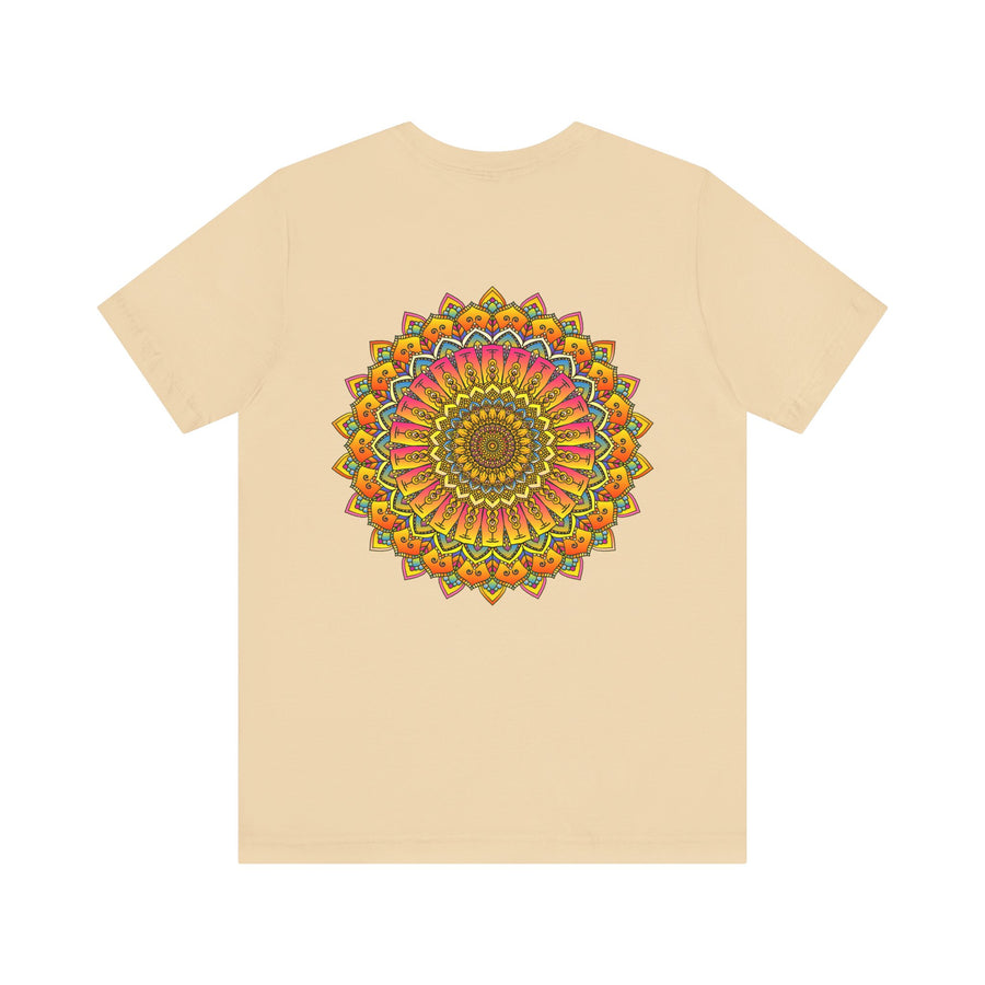 A close-up image of a vibrant mandala tee with intricate spiritual patterns, symbolizing peace and harmony