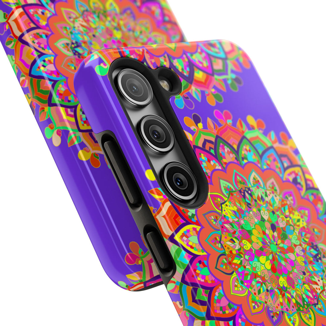 Hand drawn purple mandala art phone case with intricate floral design