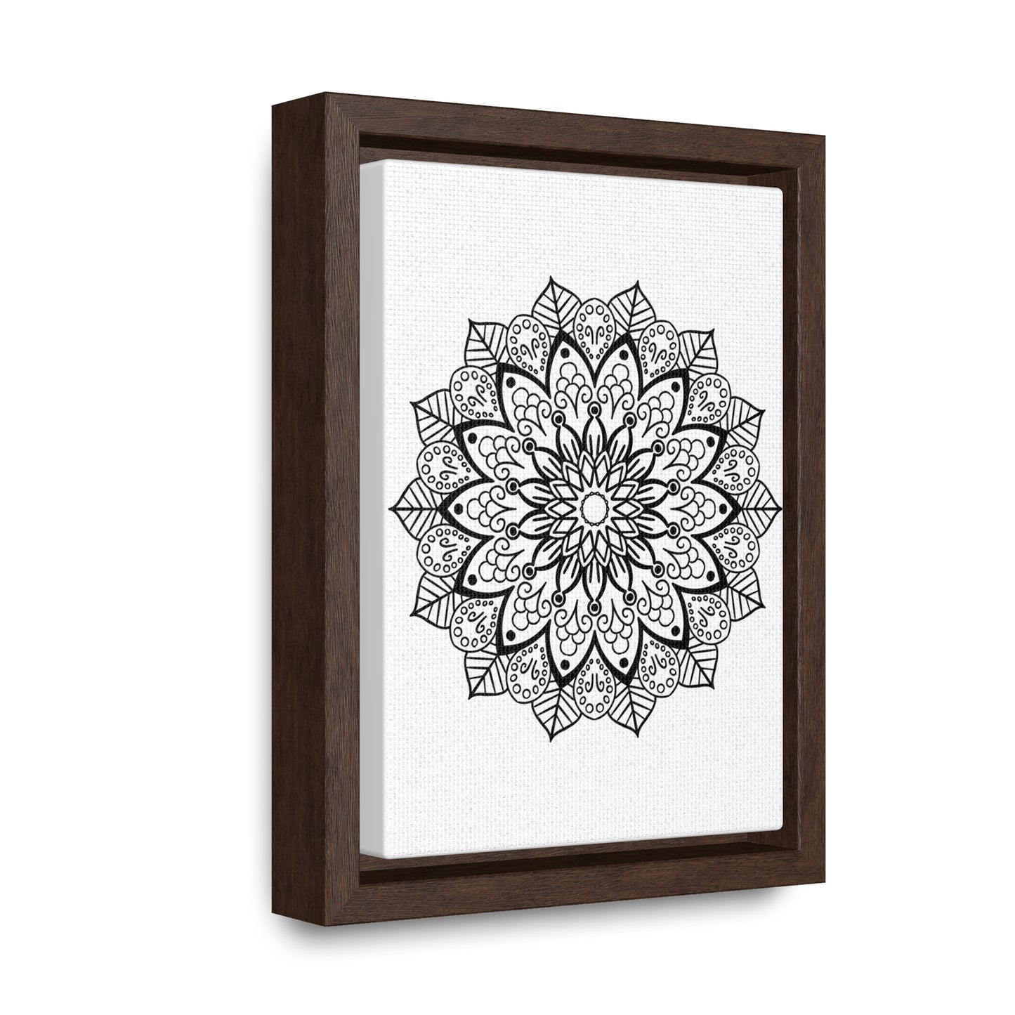 Handmade black and white mandala art on gallery canvas wraps in vertical frame