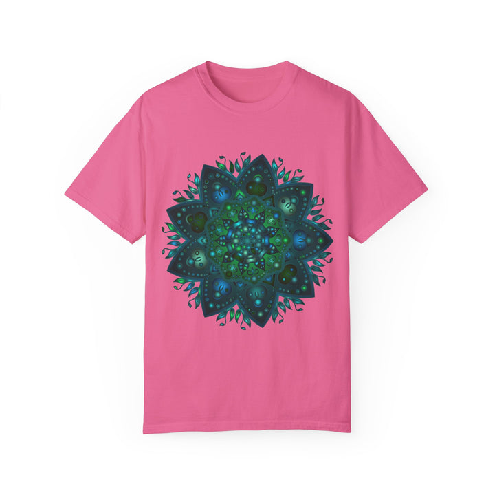 A close-up image of a hand-drawn, unisex intricate mandala T-shirt design