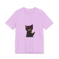 A stylish black t-shirt featuring a neon graphic of a mysterious black cat