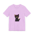 A stylish black t-shirt featuring a neon graphic of a mysterious black cat