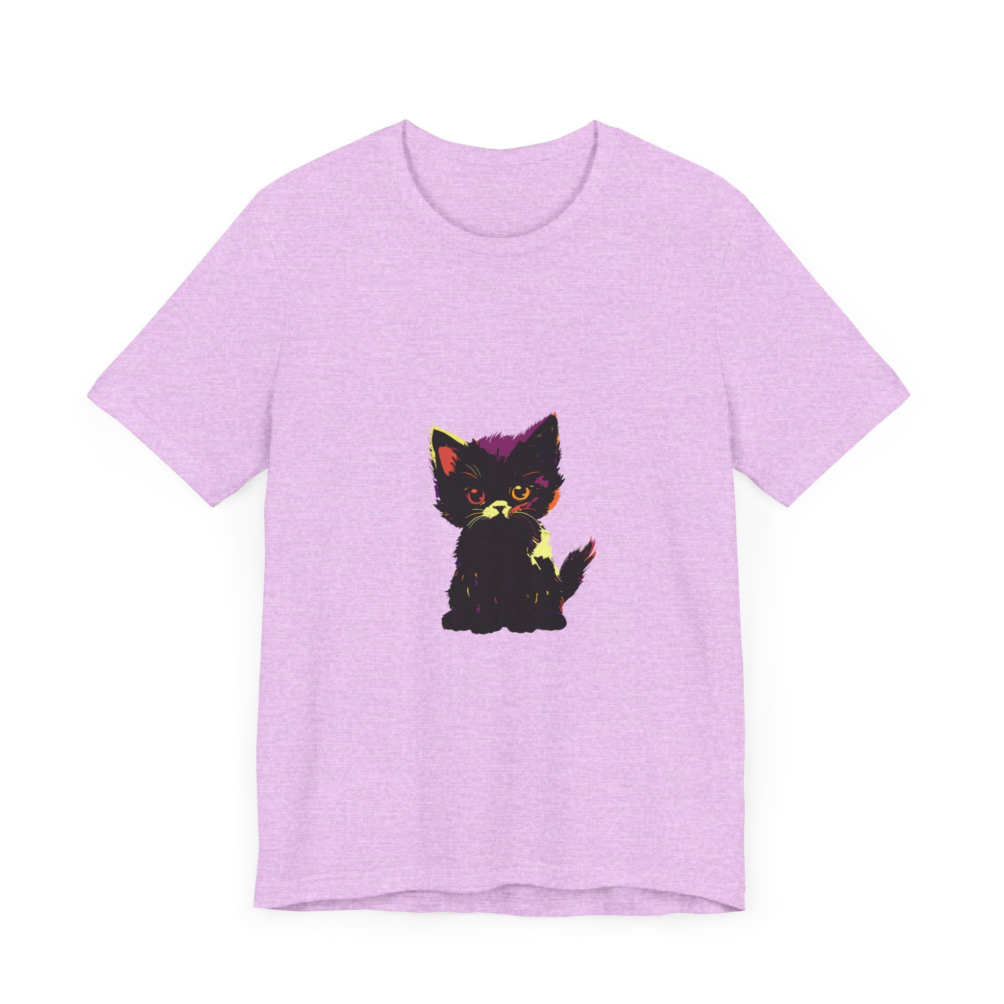 A stylish black t-shirt featuring a neon graphic of a mysterious black cat