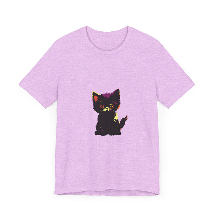 A stylish black t-shirt featuring a neon graphic of a mysterious black cat