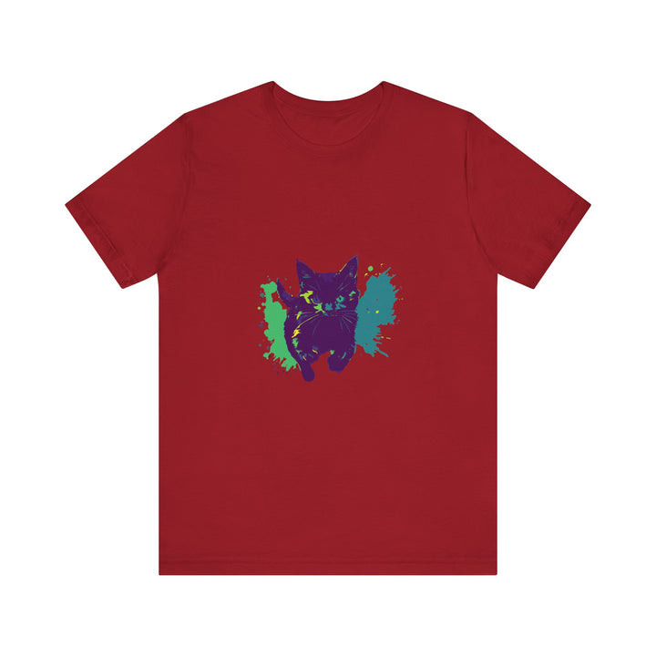 Black Cat Mystery - Colorful Splash T-Shirt: a stylish, vibrant shirt featuring a black cat surrounded by colorful splashes and mystery designs