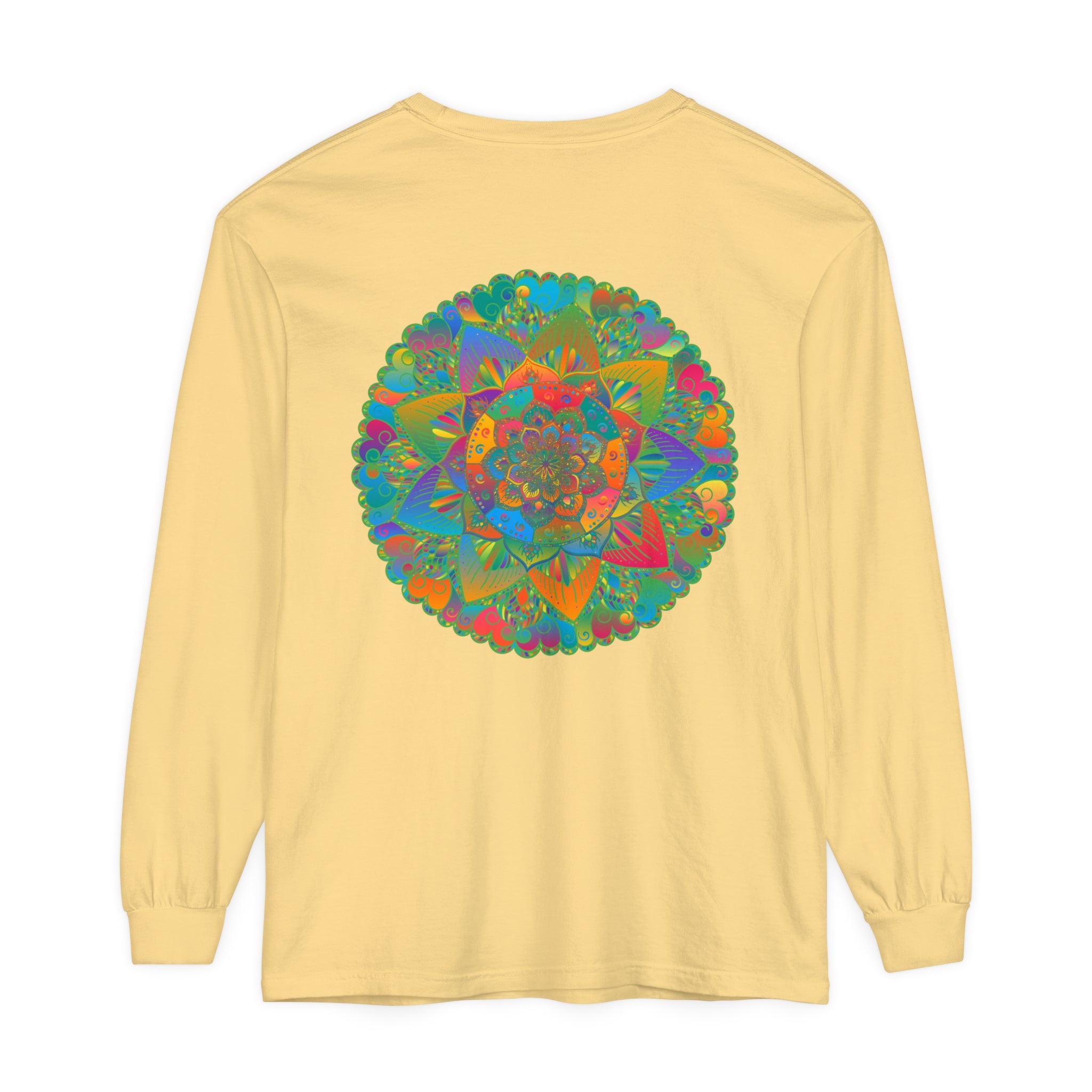 Colorful and intricate mandala design on a unisex long sleeve t-shirt