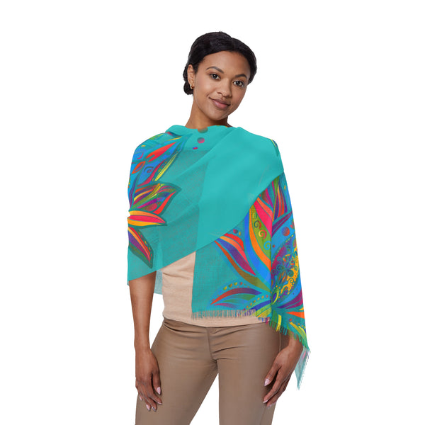 Sky Lotus Azure Blue Light Scarf — Floral Silk-Inspired Neck Wrap