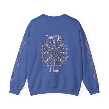 Cozy unisex crewneck sweatshirt with 'Love You Mom' design, perfect birthday gift for moms, available in a variety of sizes and colors