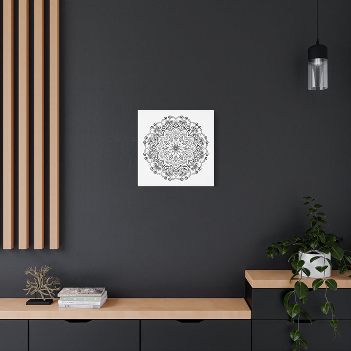 Handcrafted mandala art in black and white, featuring intricate designs on matte canvas, stretched and ready to hang on your wall