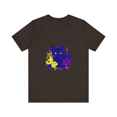 Black Cat Mystery Neon Flower T-Shirt, a vibrant and unique graphic tee featuring a black cat surrounded by neon colored flowers