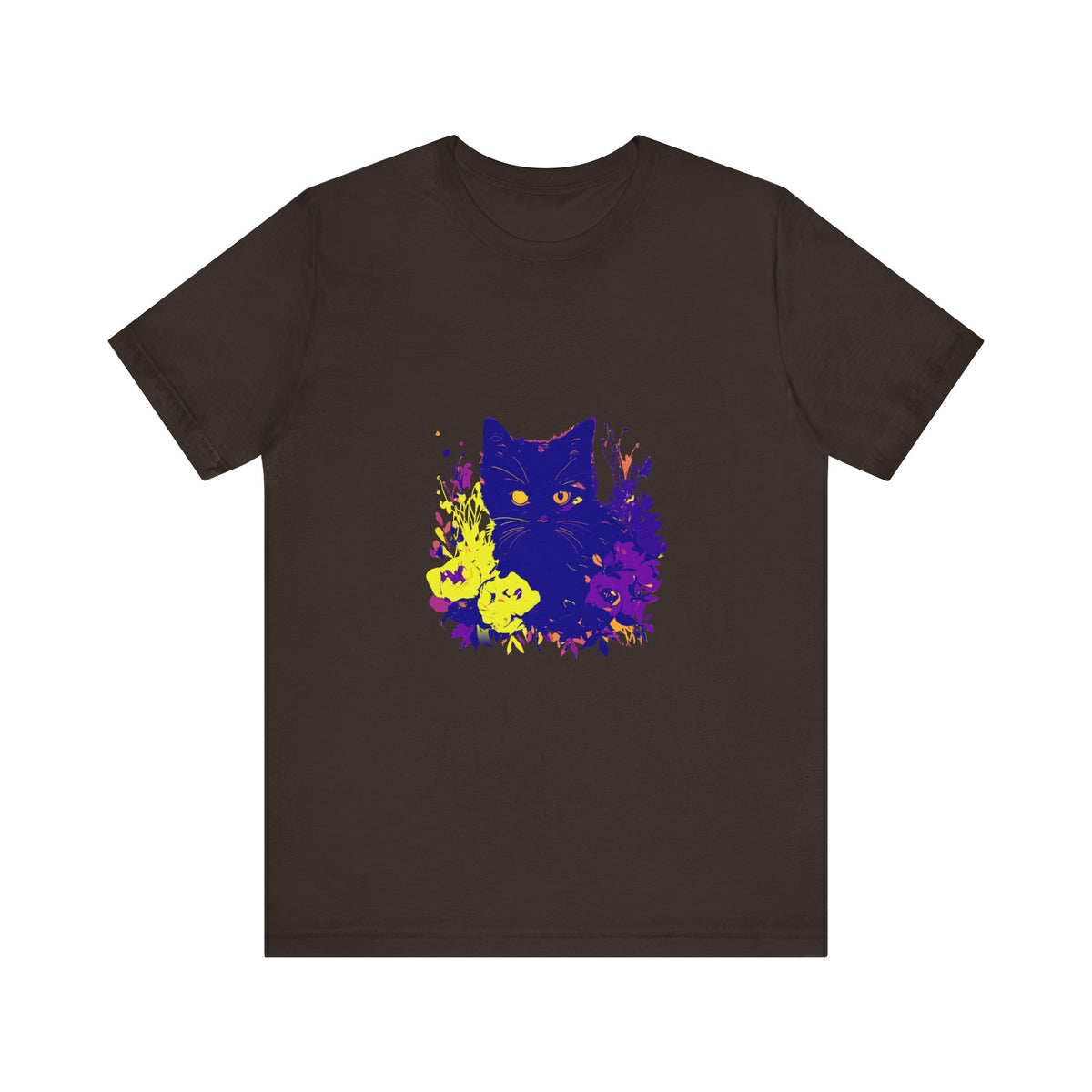 Black Cat Mystery Neon Flower T-Shirt, a vibrant and unique graphic tee featuring a black cat surrounded by neon colored flowers