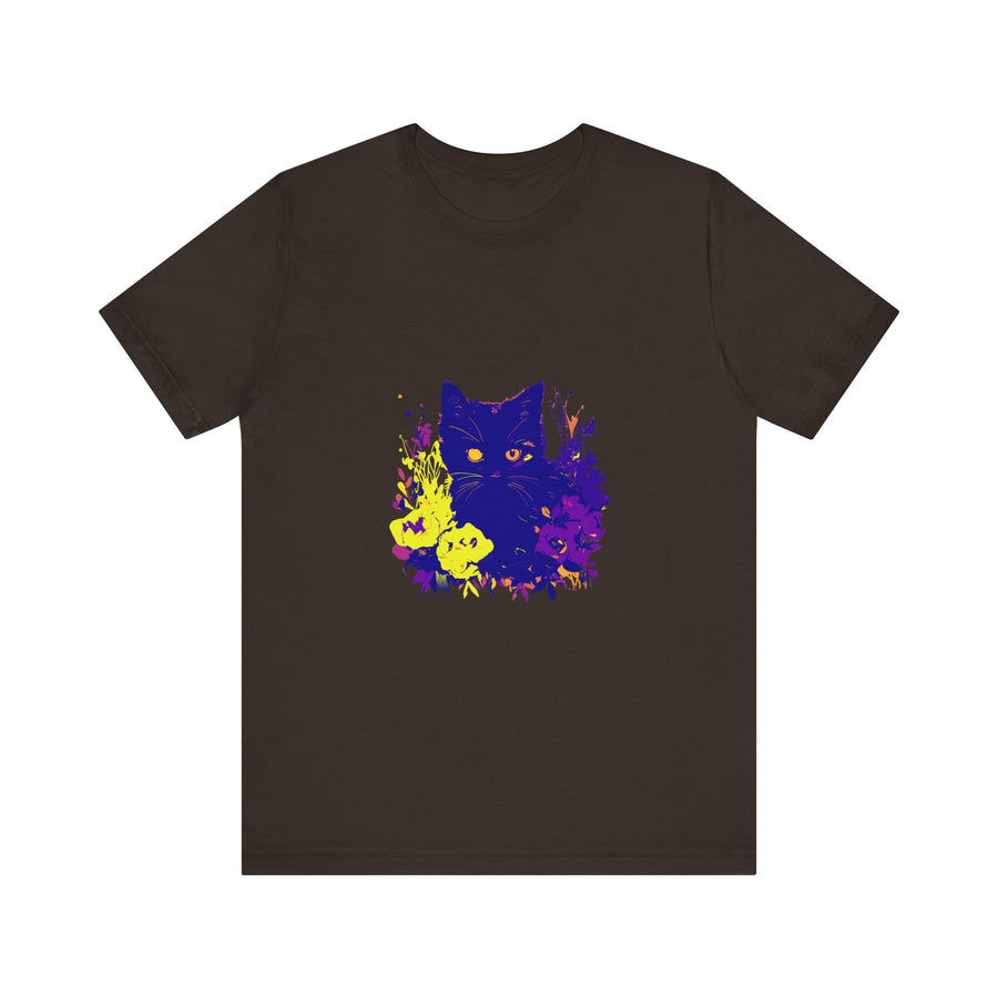 Black Cat Mystery Neon Flower T-Shirt, a vibrant and unique graphic tee featuring a black cat surrounded by neon colored flowers