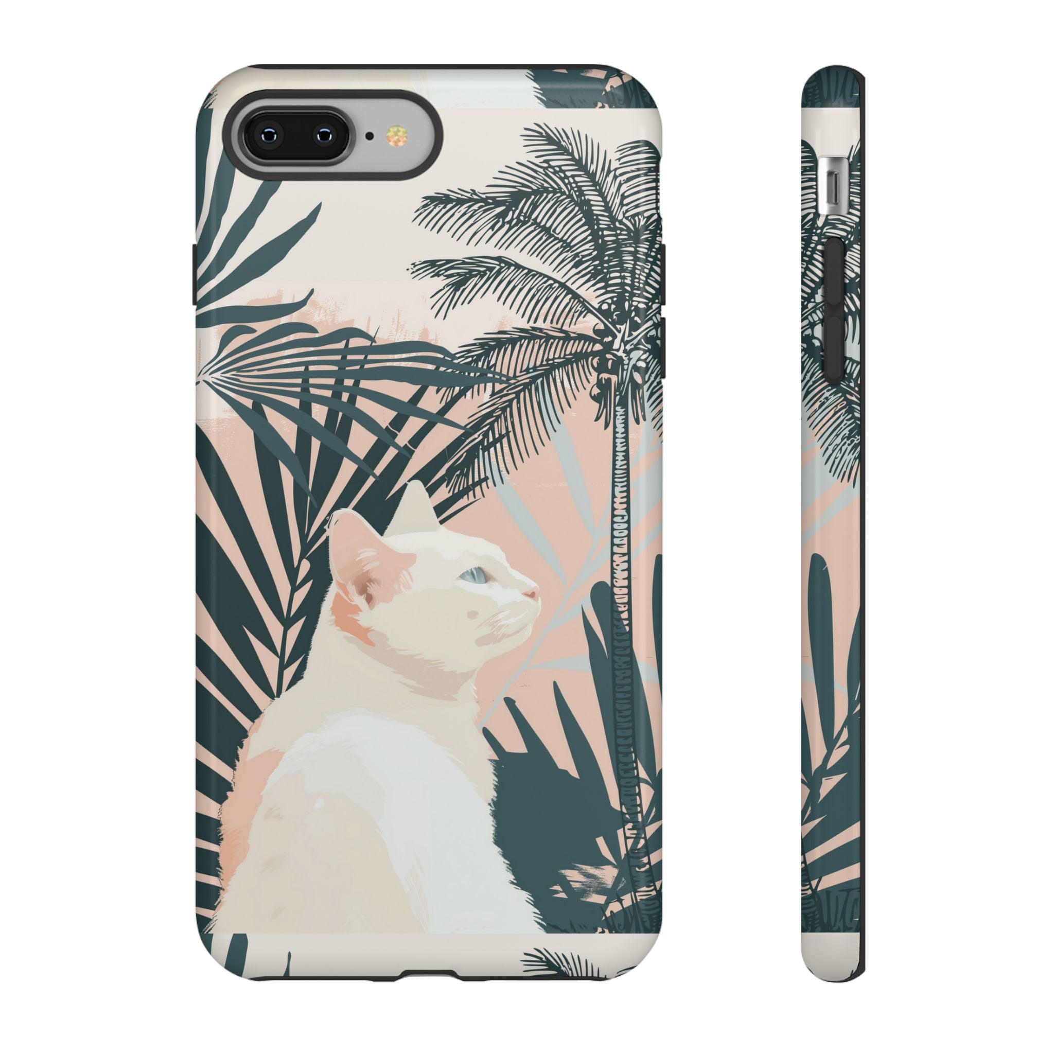Tropische Katzen-Telefonhülle mit üppigen Palmenmotiven und sanften Pastelltönen
