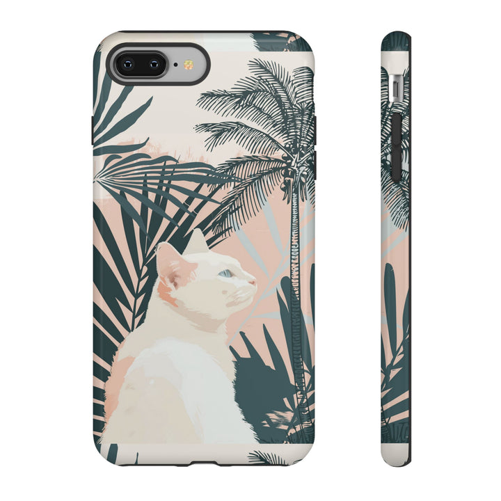 Tropische Katzen-Telefonhülle mit üppigen Palmenmotiven und sanften Pastelltönen