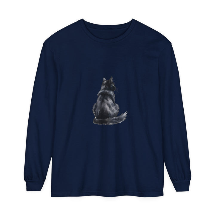 Black Cat Watercolor Long Sleeve T-Shirt: A stylish and unique top featuring a detailed watercolor design of a black cat on a comfortable long sleeve t-shirt