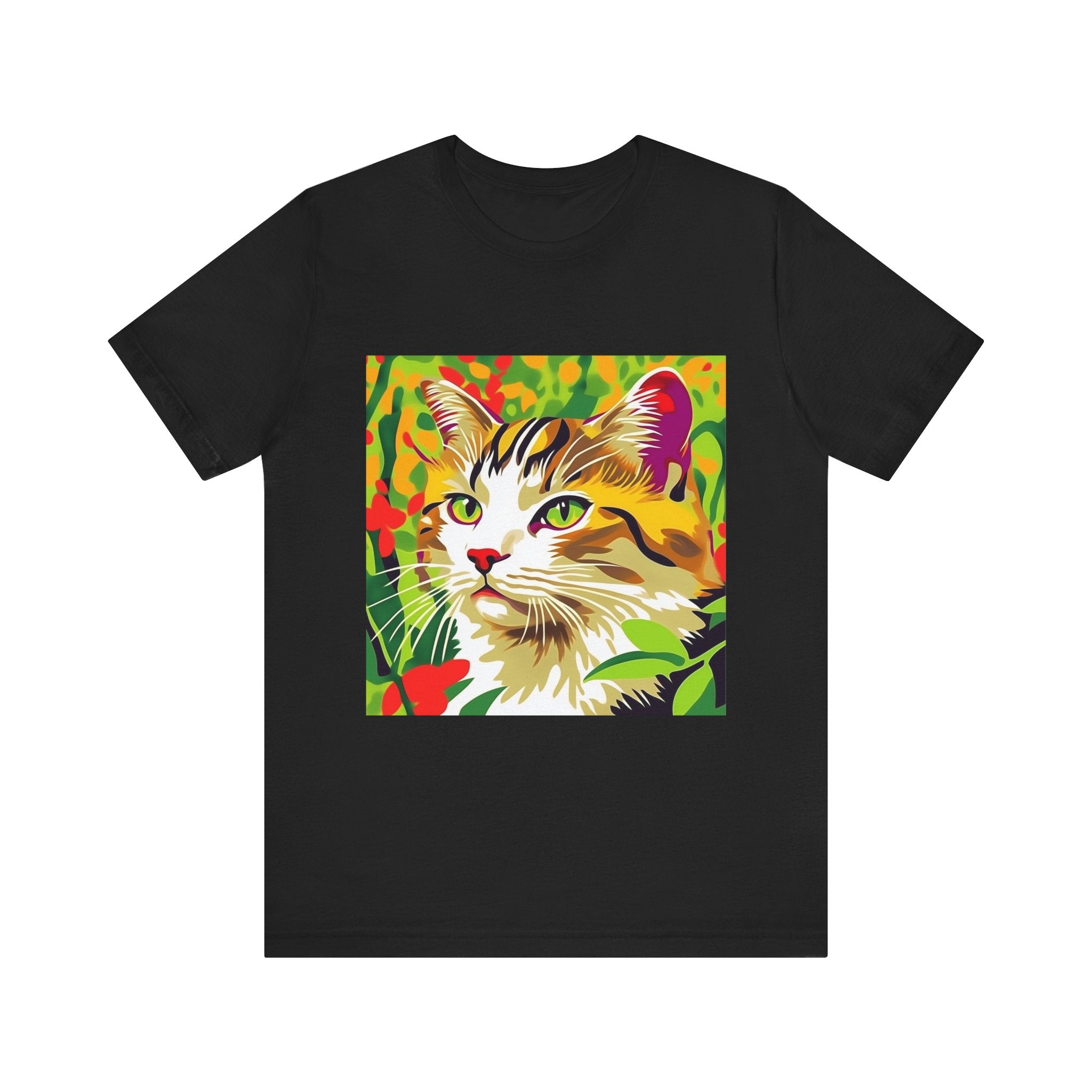 A vibrant and eye-catching Savana Cat T-Shirt showcasing a colorful animal design