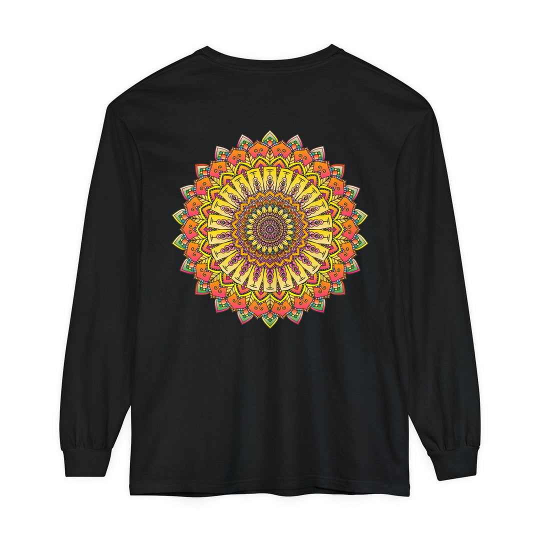  Black and White Unisex Long Sleeve Shirt with Mandala Pattern