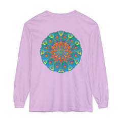 Colorful rainbow mandala long sleeve t-shirt with intricate design and vibrant colors