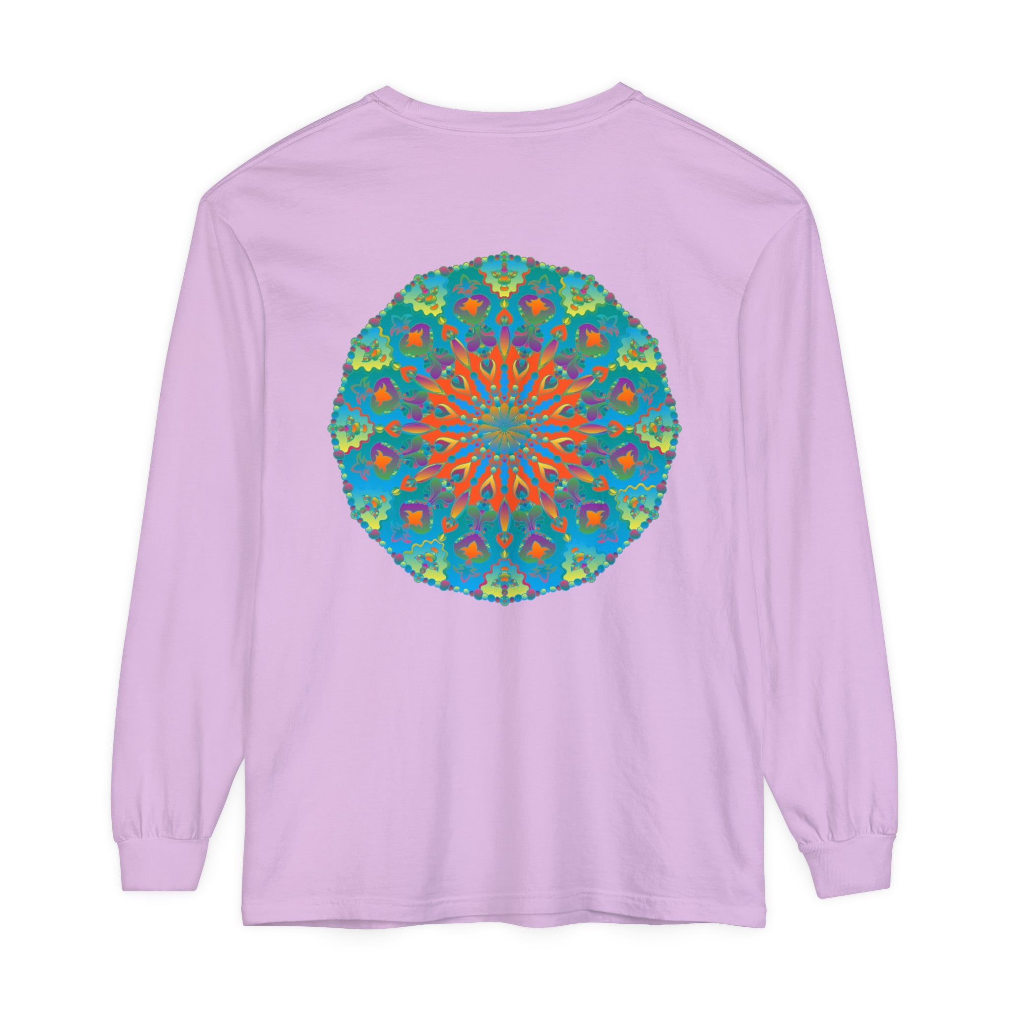 Colorful rainbow mandala long sleeve t-shirt with intricate design and vibrant colors