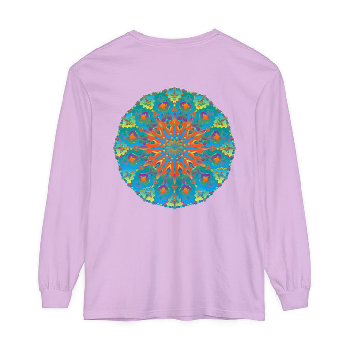 Colorful rainbow mandala long sleeve t-shirt with intricate design and vibrant colors