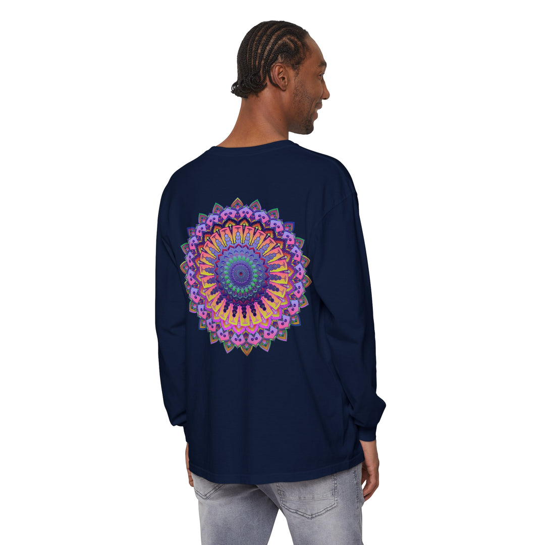 An intricate and colorful mandala design featured on a unisex long sleeve t-shirt