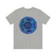 A close-up image of a blue mandala t-shirt with intricate spiritual patterns, promoting peace and harmony