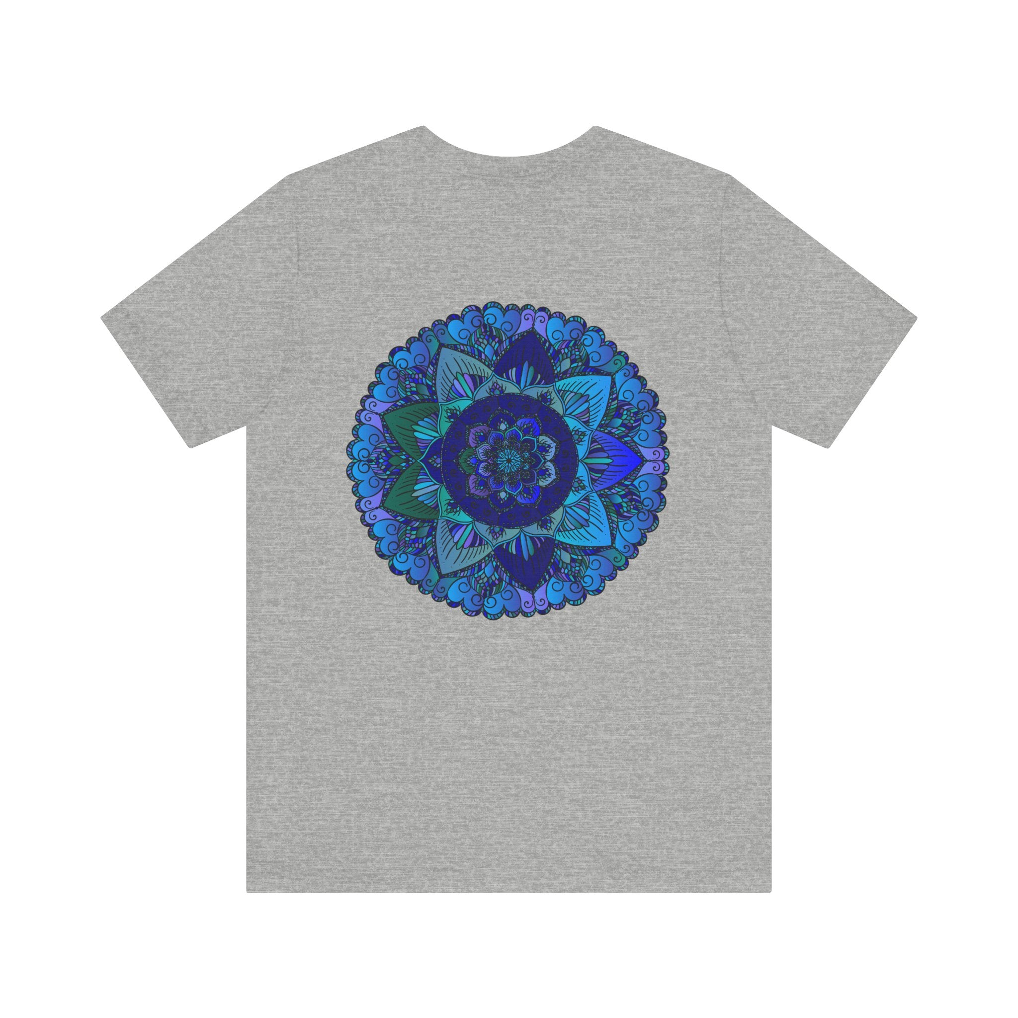 A close-up image of a blue mandala t-shirt with intricate spiritual patterns, promoting peace and harmony