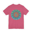 A vibrant and colorful mandala tee, featuring intricate designs symbolizing spiritual peace and harmony