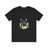Black t-shirt featuring a fierce-looking black cat with piercing yellow eyes