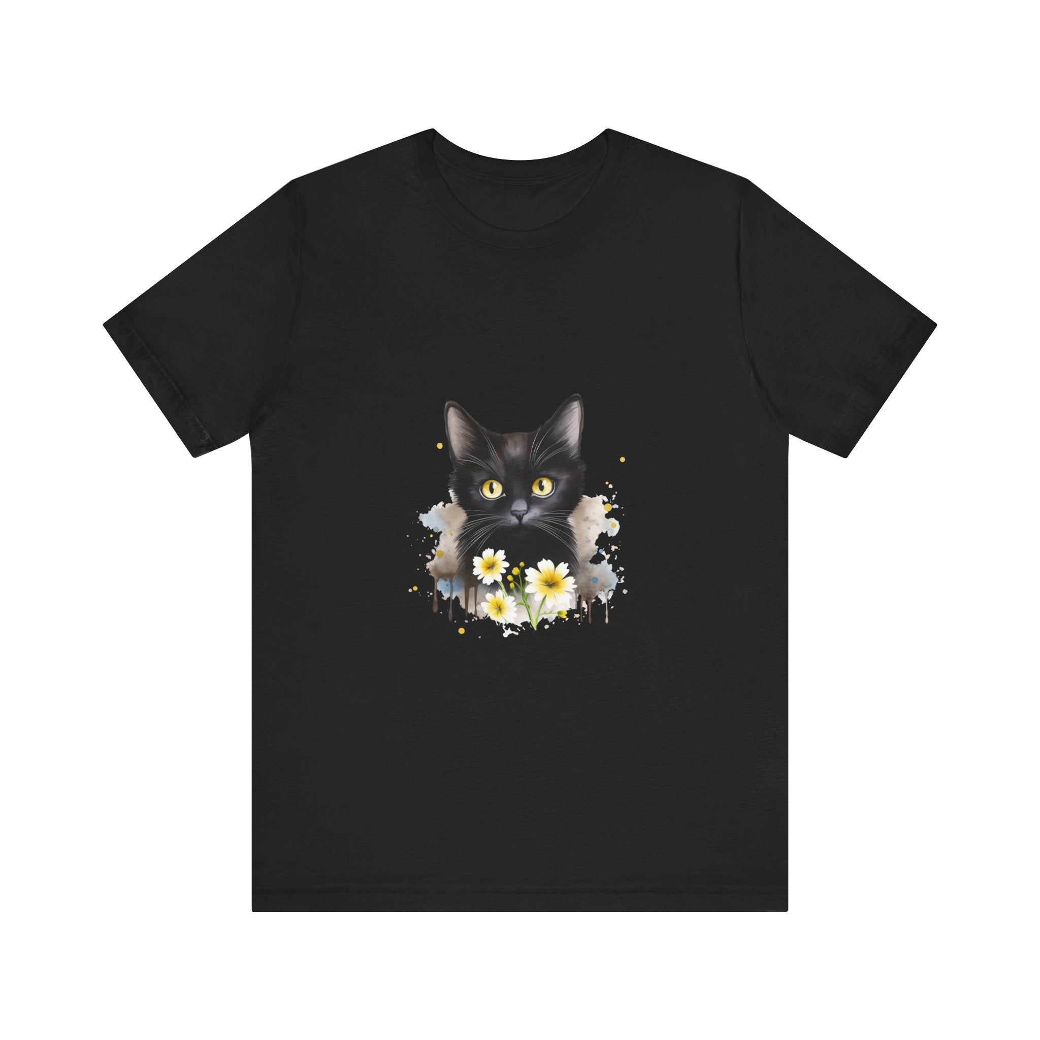Black t-shirt featuring a fierce-looking black cat with piercing yellow eyes